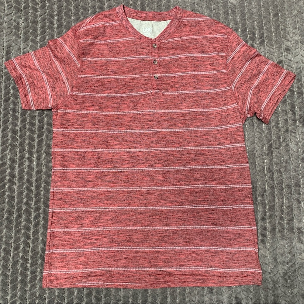 Lee Henley Shirt Mens XL Salmon Heather Black White Short Sleeve Striped